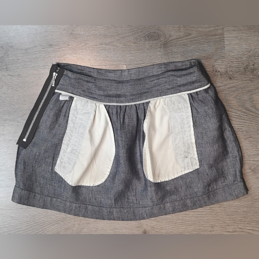 Neo-vintage Eco-lux Blue Reverse Linen Tweed Gathered A-line Hybrid Mini Skirt